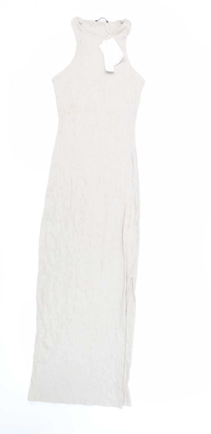 Bershka Womens Beige Viscose Bodycon Size XS Round Neck Pullover