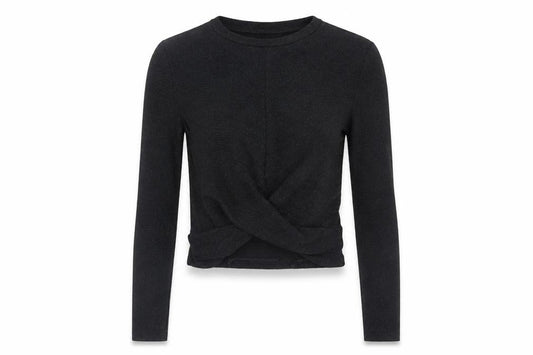 Front view of Divided by H&M women’s black polyester cropped blouse, size XS, crew neck