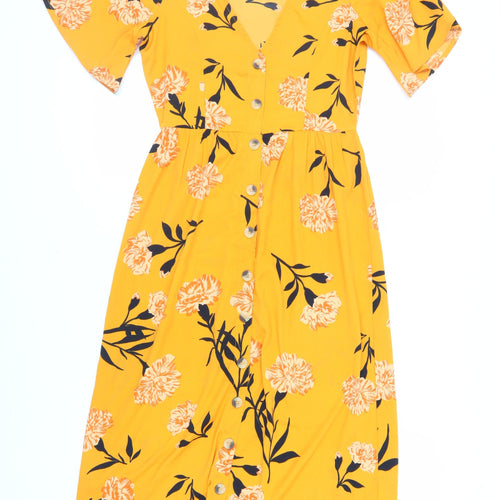 Wednesday's Girl Womens Orange Floral Polyester A-Line Size XS V-Neck Button