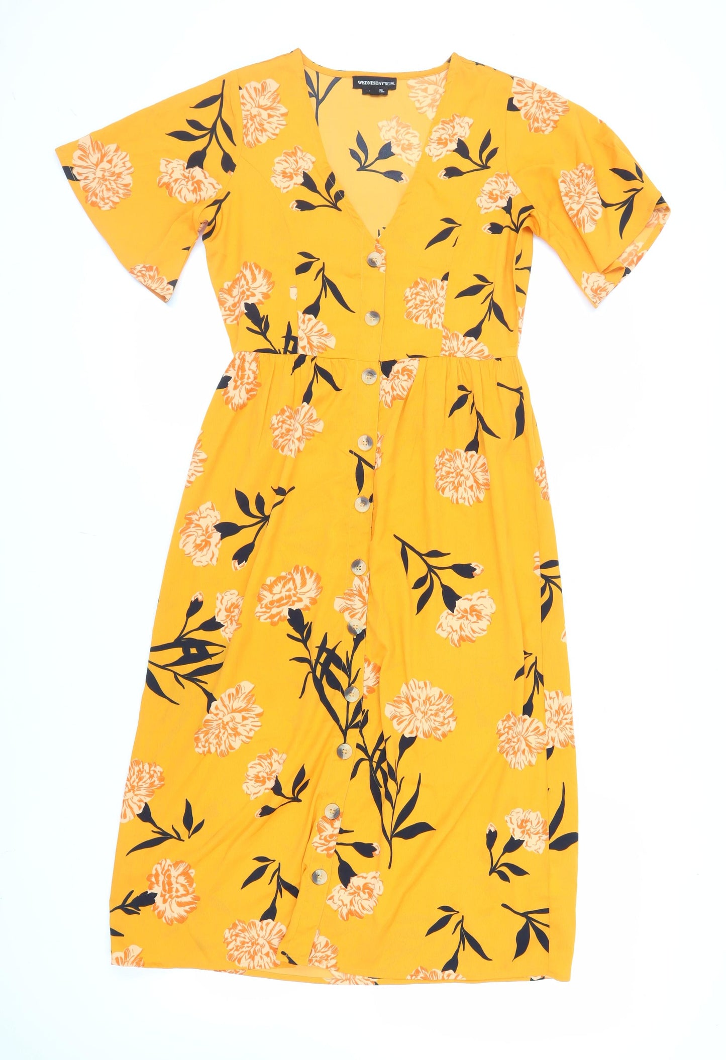 Wednesday's Girl Womens Orange Floral Polyester A-Line Size XS V-Neck Button