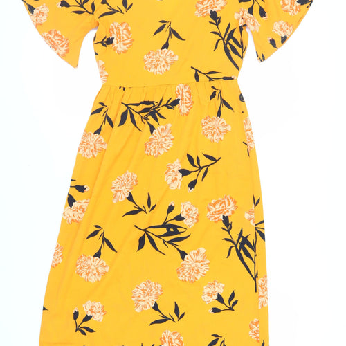 Wednesday's Girl Womens Orange Floral Polyester A-Line Size XS V-Neck Button