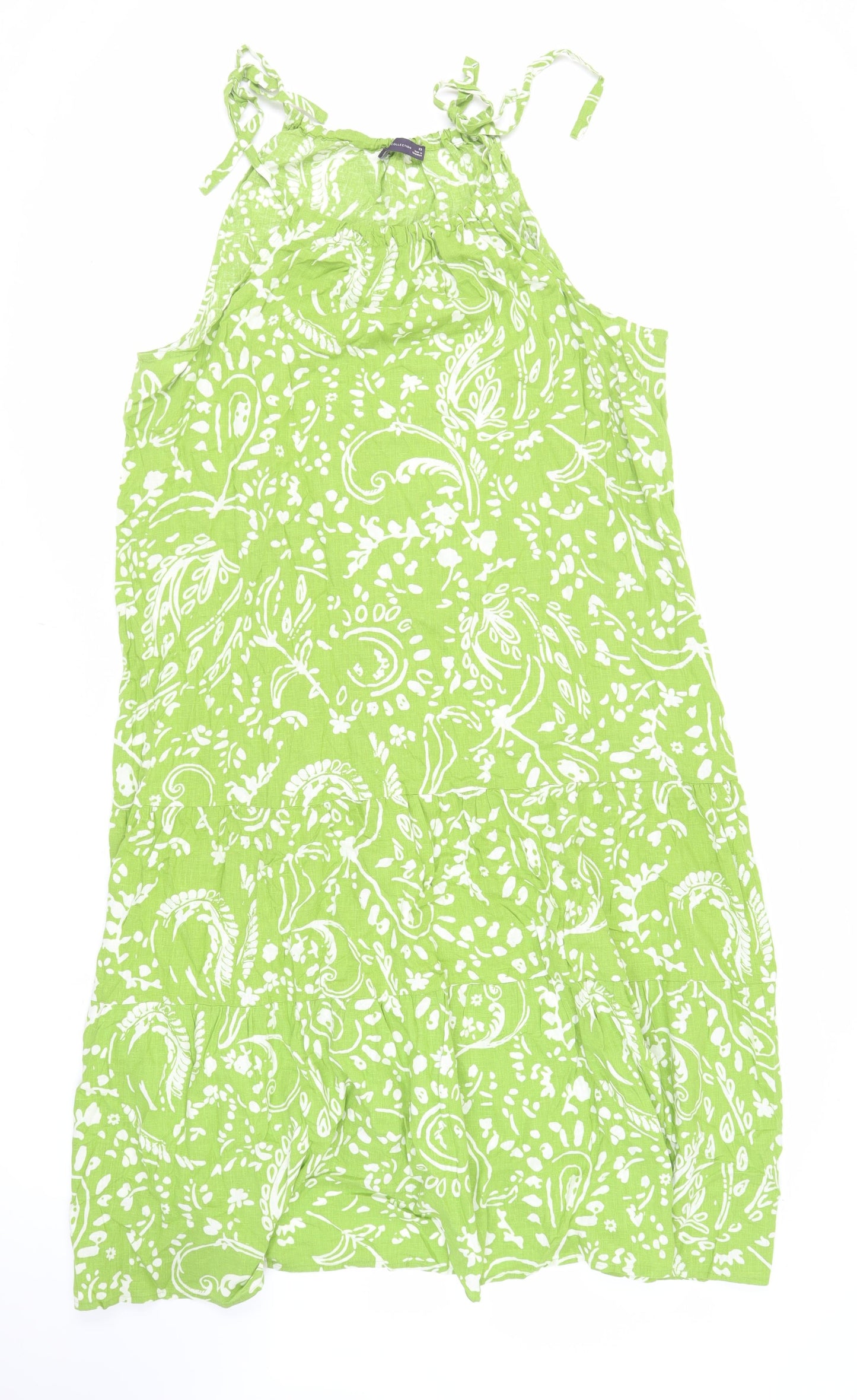 Marks and Spencer Womens Green Paisley Linen Tank Dress Size 22 Round Neck Tie
