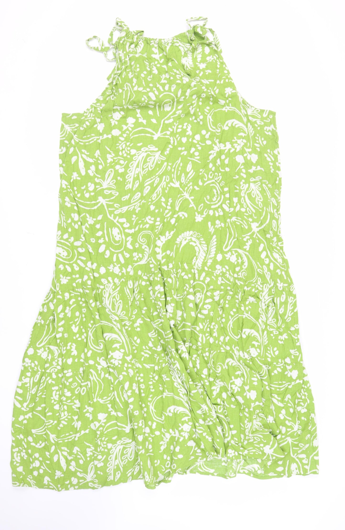 Marks and Spencer Womens Green Paisley Linen Tank Dress Size 22 Round Neck Tie