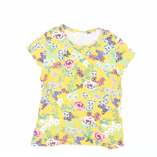 Promod Womens Yellow Floral Viscose Basic T-Shirt Size L Crew Neck