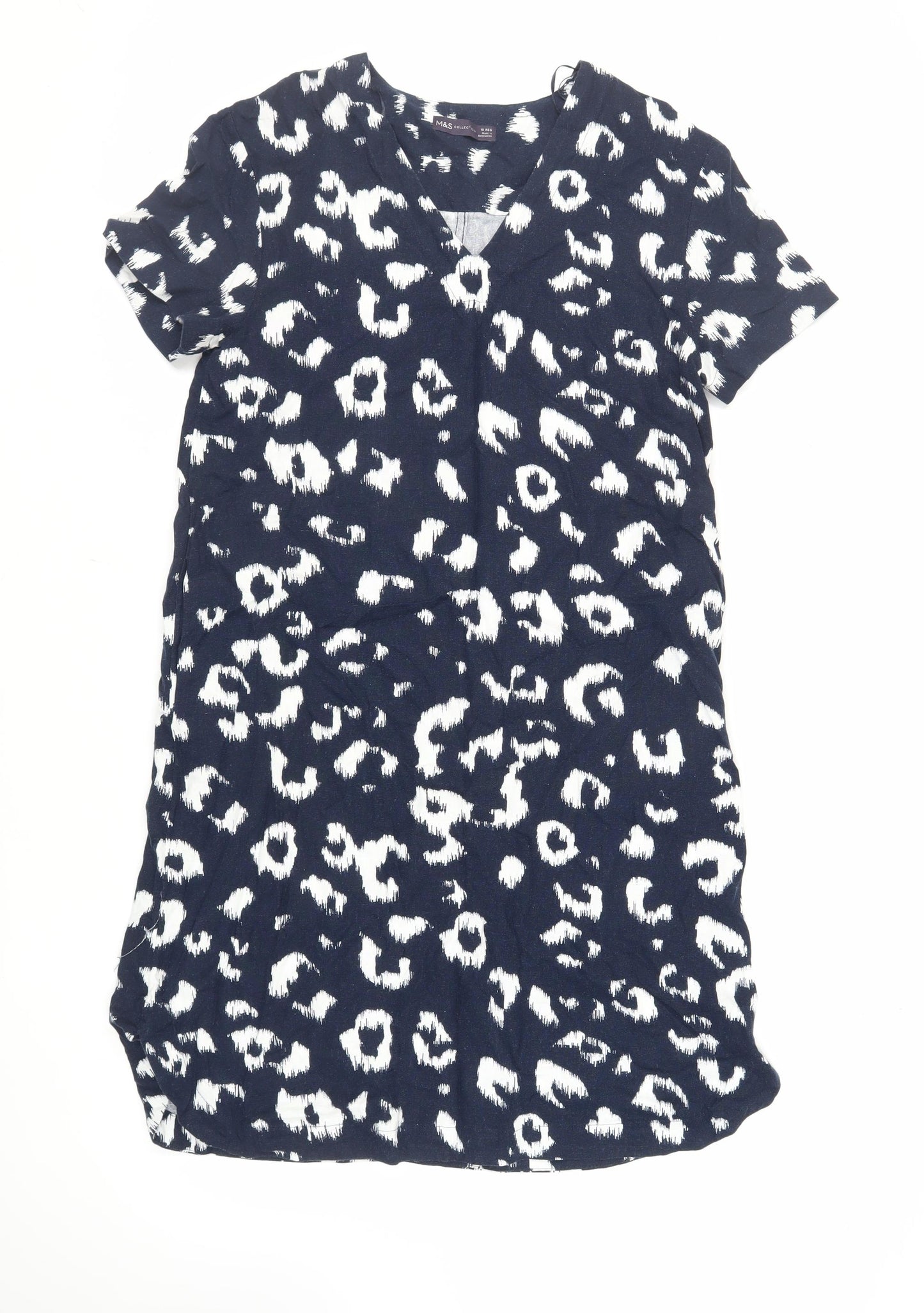 Marks and Spencer Womens Blue Animal Print Linen Shift Size 10 V-Neck - Pockets