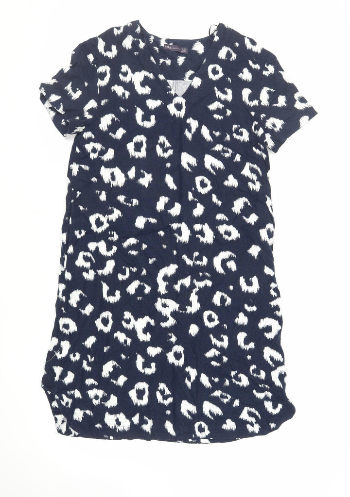 Marks and Spencer Womens Blue Animal Print Linen Shift Size 10 V-Neck - Pockets