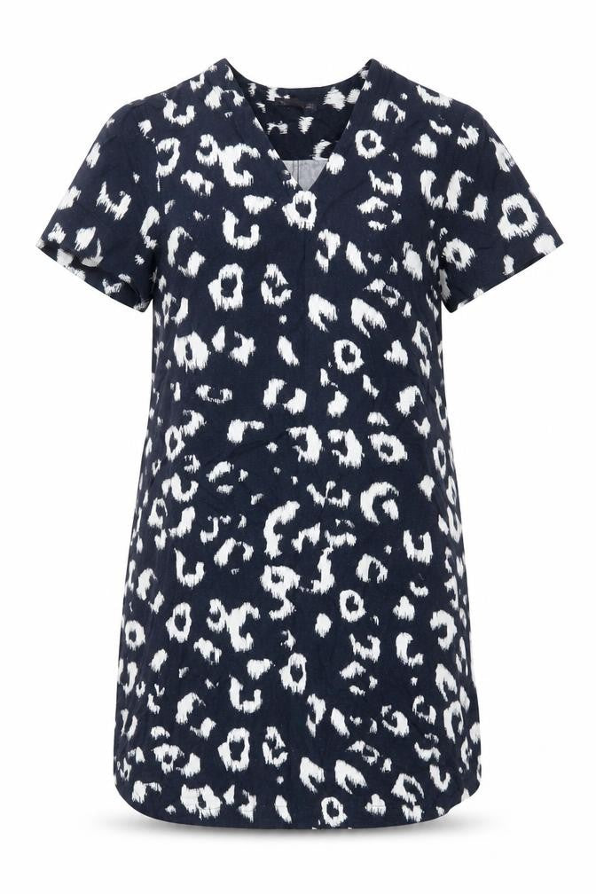 Marks and Spencer Womens Blue Animal Print Linen Shift Size 10 V-Neck - Pockets