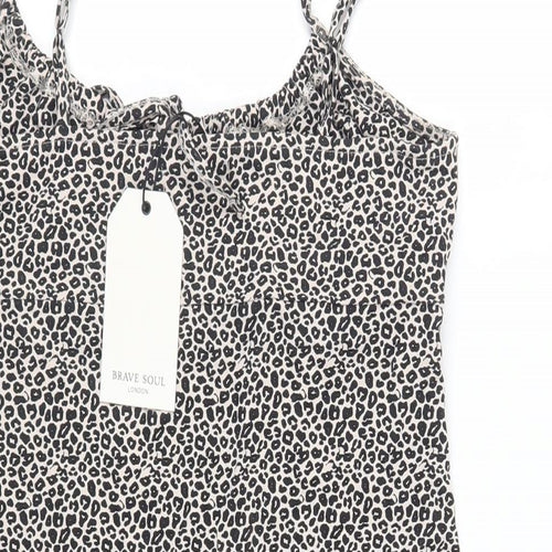 Brave Soul Womens Beige Animal Print Cotton Mini Size L Square Neck Pullover