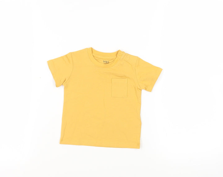 Marks and Spencer Baby Yellow Cotton Pullover T-Shirt Size 3-6 Months Crew Neck Snap - Pocket