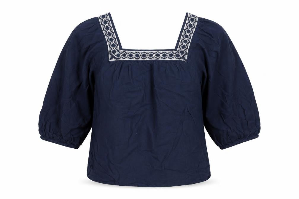 Front view of Marks & Spencer women’s blue linen basic blouse, size UK 10, square neck