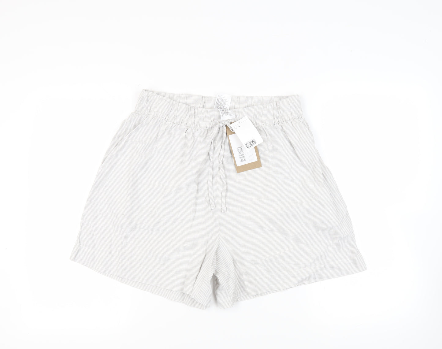 H&M Womens Grey Striped Linen Basic Shorts Size M L5 in Regular Drawstring - Adjustable Waist