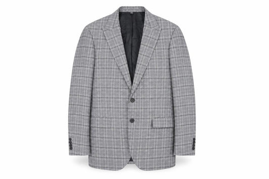 Front view of Marks & Spencer men’s grey plaid polyester jacket blazer, size 42, regular