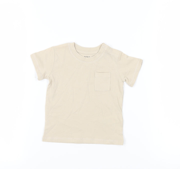 Marks and Spencer Baby Beige Cotton Pullover T-Shirt Size 3-6 Months Crew Neck Snap - Pocket