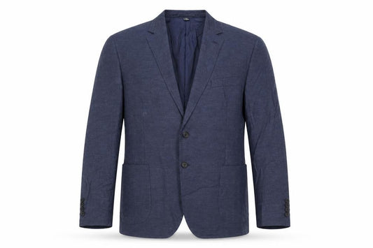 Front view of Marks & Spencer men’s blue polyester jacket suit jacket, size 46, regular