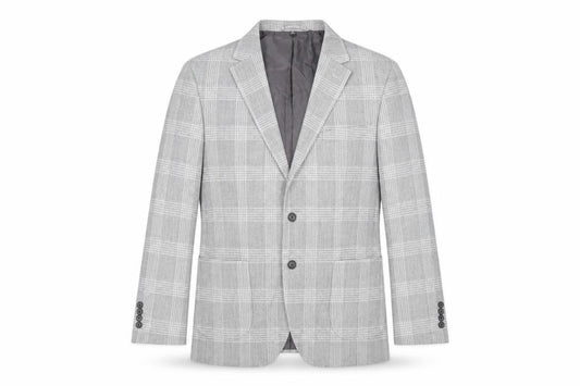 Front view of Marks & Spencer men’s grey plaid polyester jacket suit jacket, size 46, regular