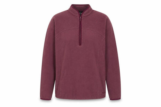 Front view of Rohan women’s purple polyester pullover sweatshirt, size M, zip