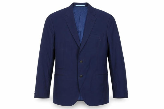 Front view of Marks & Spencer men’s blue wool jacket suit jacket, size 46, regular