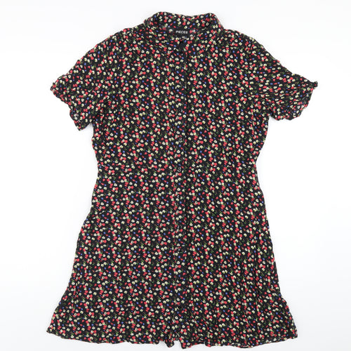 Pieces Womens Black Floral Viscose Shirt Dress Size L Collared Button