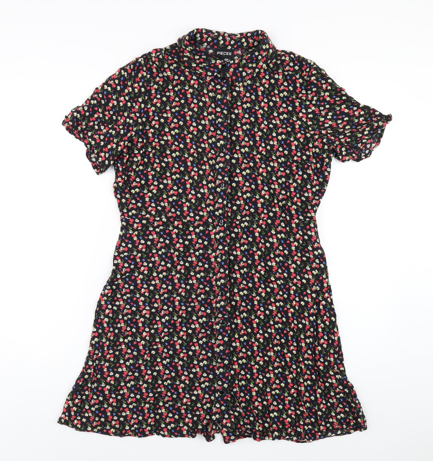 Pieces Womens Black Floral Viscose Shirt Dress Size L Collared Button