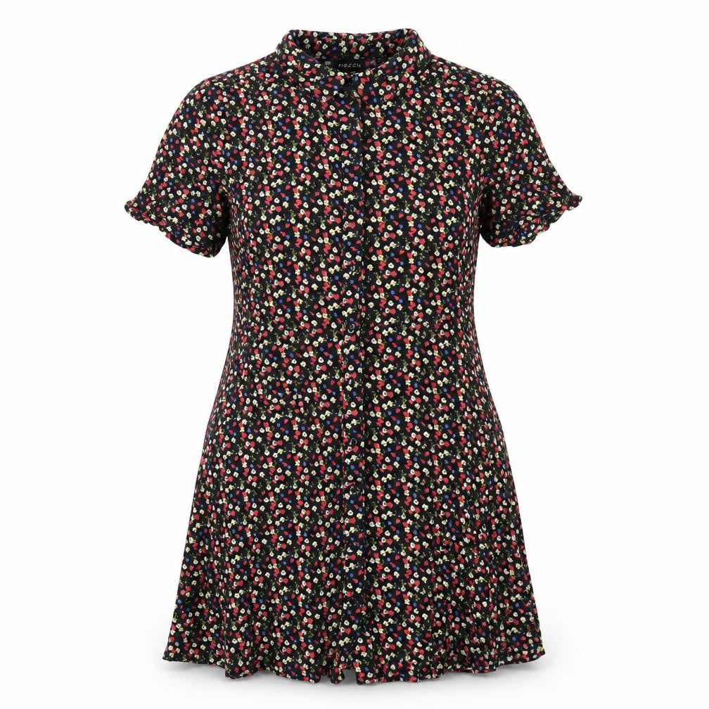 Pieces Womens Black Floral Viscose Shirt Dress Size L Collared Button