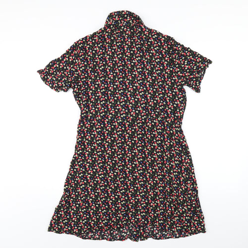 Pieces Womens Black Floral Viscose Shirt Dress Size L Collared Button