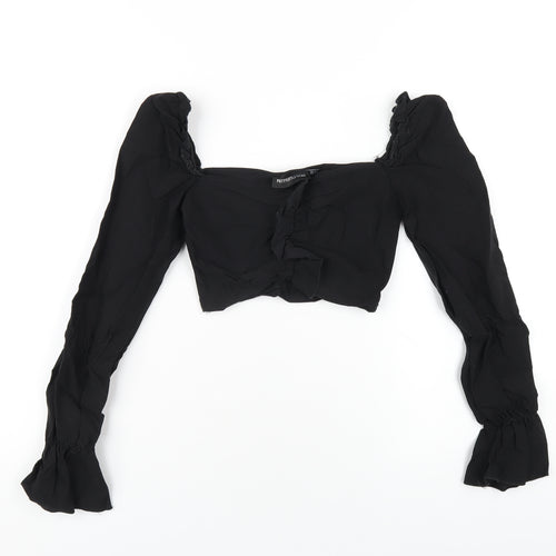 PRETTYLITTLETHING Womens Black Polyester Cropped T-Shirt Size 4 Square Neck