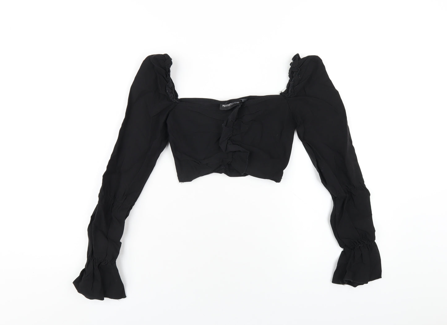 PRETTYLITTLETHING Womens Black Polyester Cropped T-Shirt Size 4 Square Neck