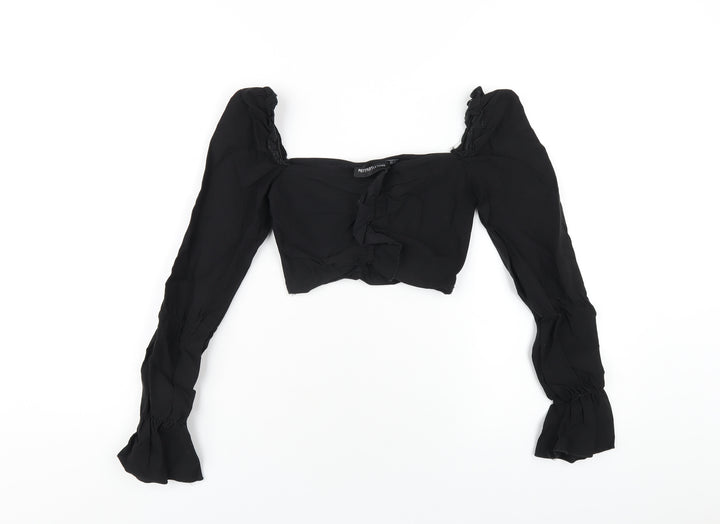 PRETTYLITTLETHING Womens Black Polyester Cropped T-Shirt Size 4 Square Neck