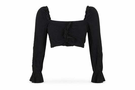 Front view of PRETTYLITTLETHING women’s black polyester cropped t-shirt, size UK 4, square neck