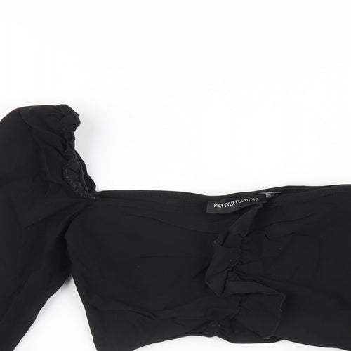 PRETTYLITTLETHING Womens Black Polyester Cropped T-Shirt Size 4 Square Neck