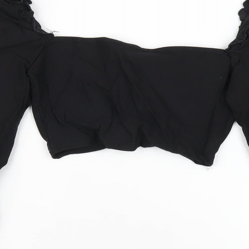 PRETTYLITTLETHING Womens Black Polyester Cropped T-Shirt Size 4 Square Neck