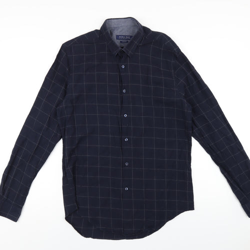 Zara Mens Blue Check Cotton Button-Up Size L Collared Button