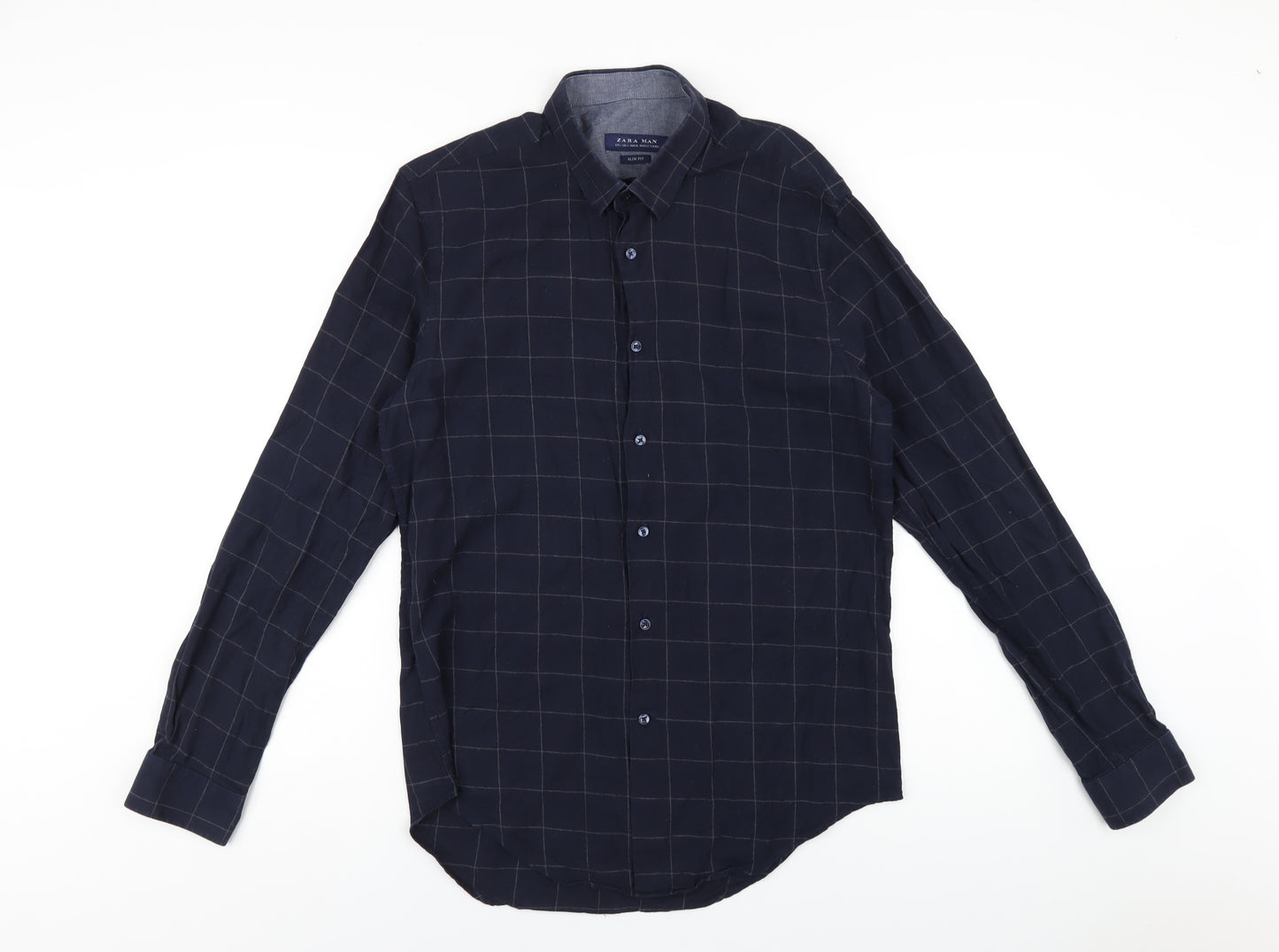 Zara Mens Blue Check Cotton Button-Up Size L Collared Button