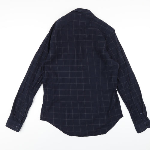 Zara Mens Blue Check Cotton Button-Up Size L Collared Button