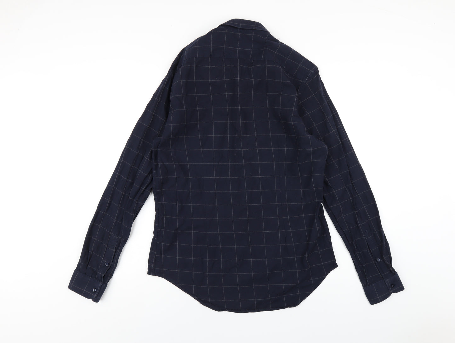 Zara Mens Blue Check Cotton Button-Up Size L Collared Button
