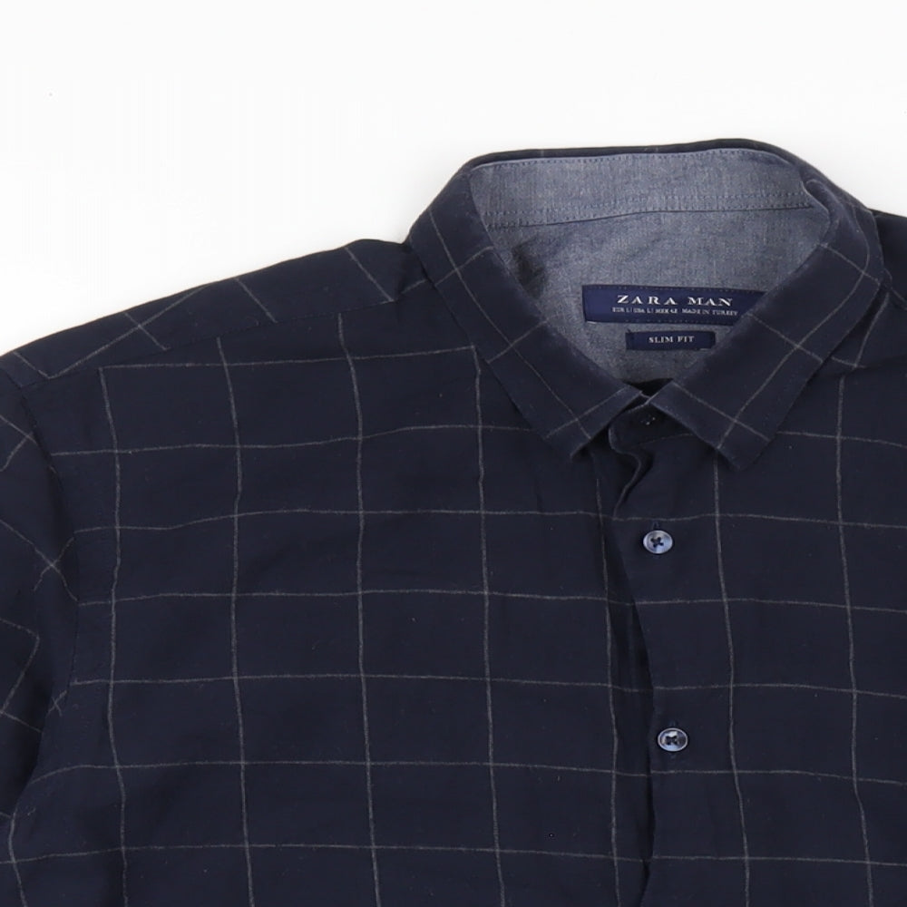 Zara Mens Blue Check Cotton Button-Up Size L Collared Button