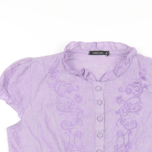Febre Moda Womens Purple Cotton Basic Button-Up Size L Round Neck
