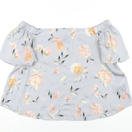 New Look Womens Grey Floral Polyester Basic T-Shirt Size 10 Off the Shoulder