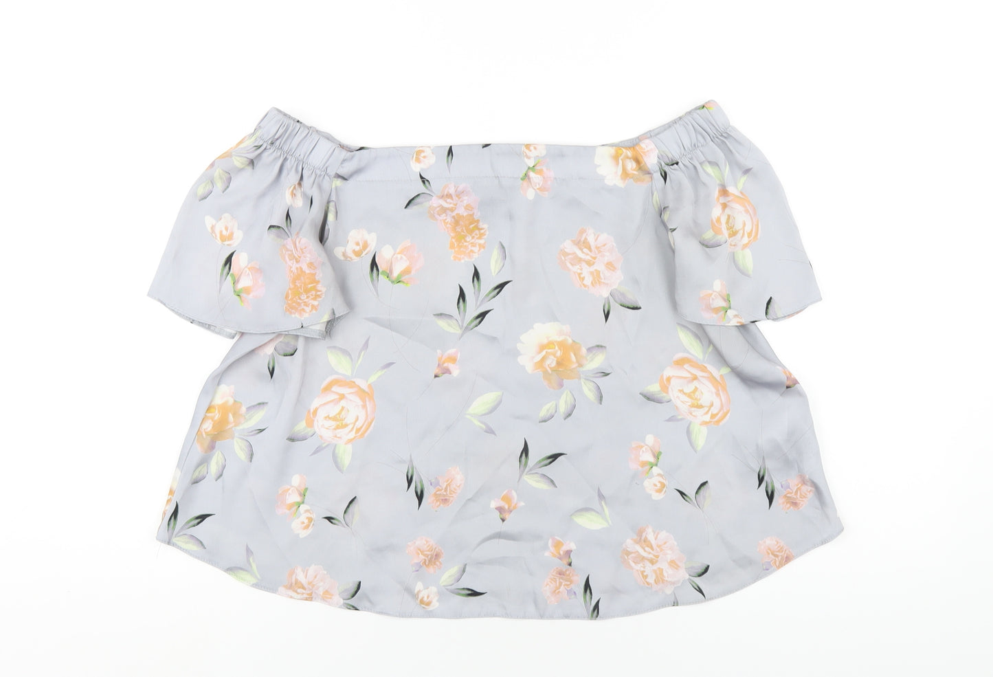 New Look Womens Grey Floral Polyester Basic T-Shirt Size 10 Off the Shoulder