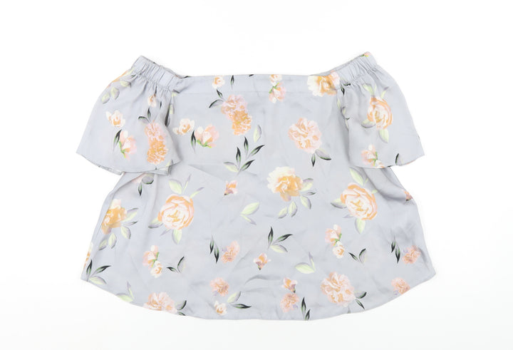 New Look Womens Grey Floral Polyester Basic T-Shirt Size 10 Off the Shoulder