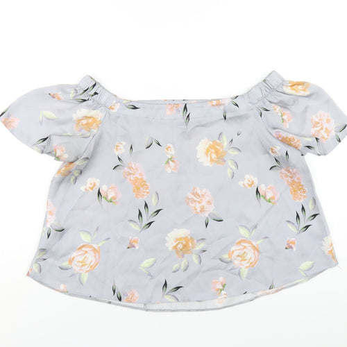 New Look Womens Grey Floral Polyester Basic T-Shirt Size 10 Off the Shoulder