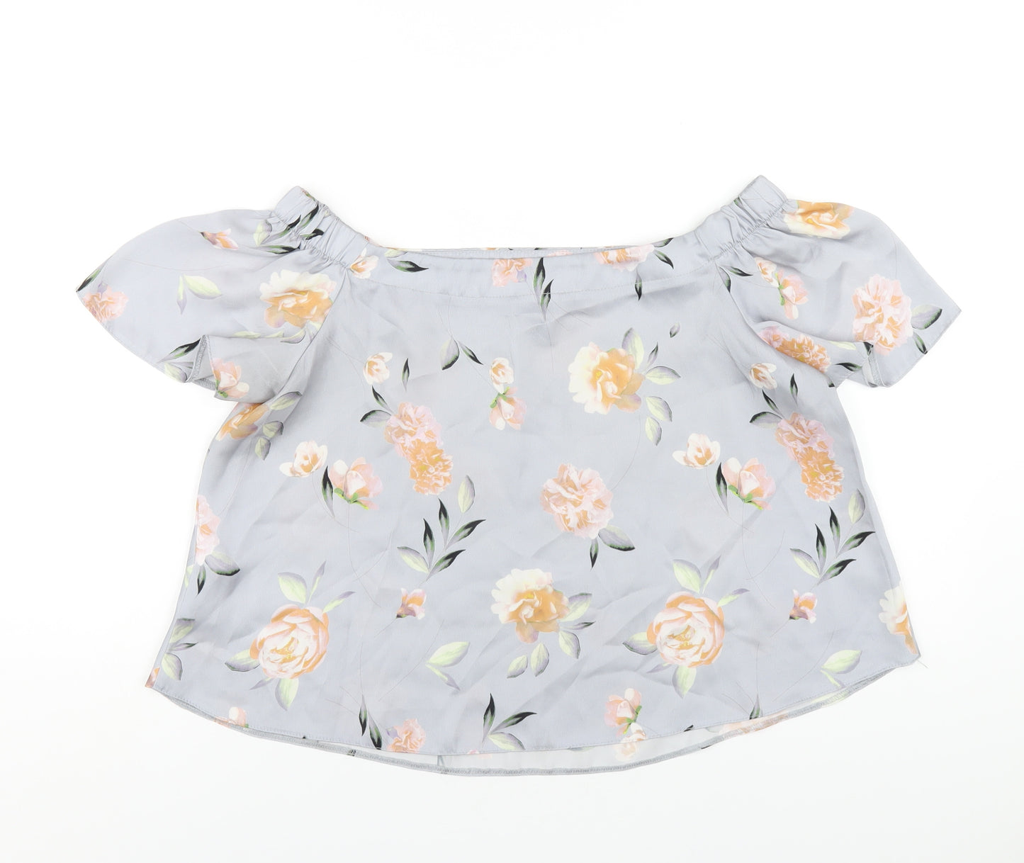 New Look Womens Grey Floral Polyester Basic T-Shirt Size 10 Off the Shoulder