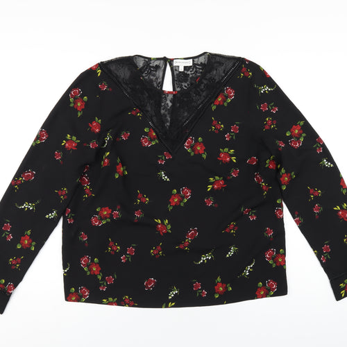 Warehouse Womens Black Floral Polyester Basic T-Shirt Size 16 Round Neck