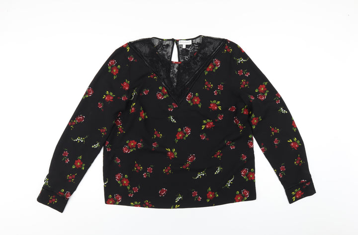 Warehouse Womens Black Floral Polyester Basic T-Shirt Size 16 Round Neck