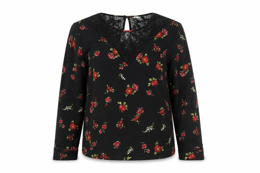 Front view of Warehouse women’s black floral polyester basic t-shirt, size UK 16, round neck
