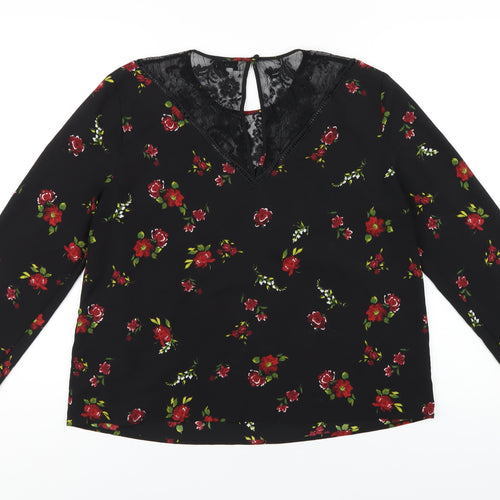 Warehouse Womens Black Floral Polyester Basic T-Shirt Size 16 Round Neck