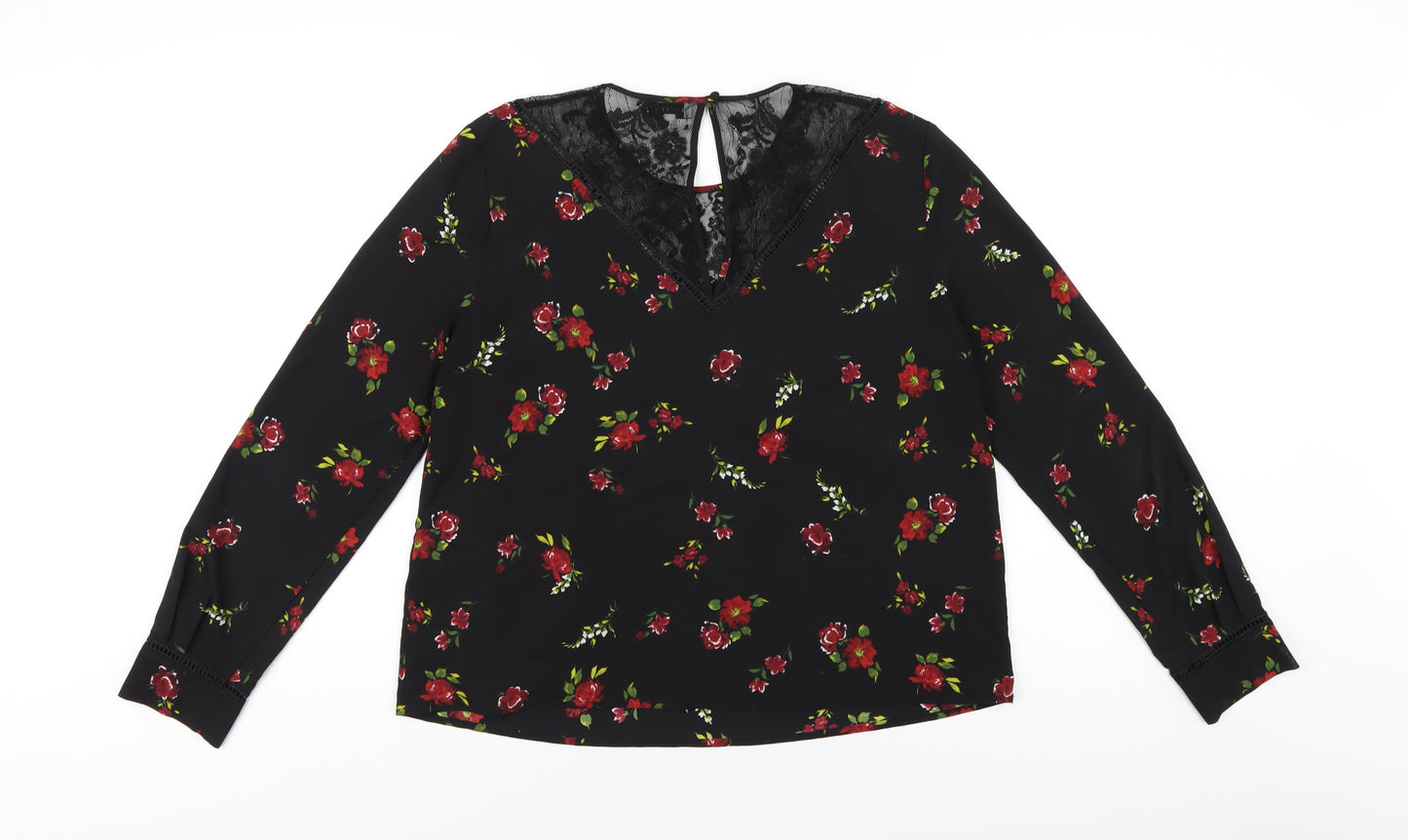 Warehouse Womens Black Floral Polyester Basic T-Shirt Size 16 Round Neck