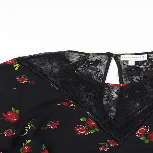 Warehouse Womens Black Floral Polyester Basic T-Shirt Size 16 Round Neck