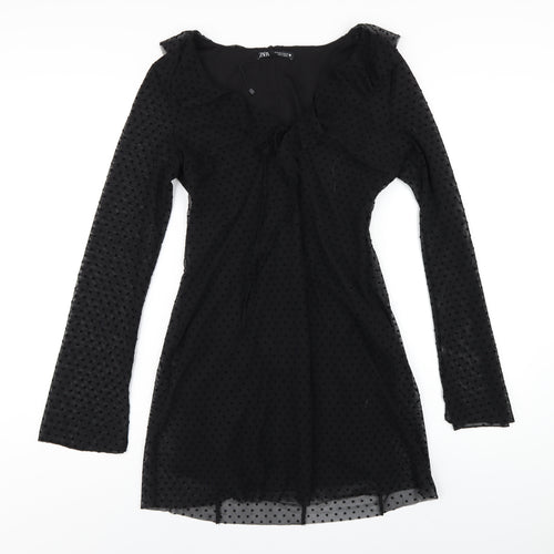 Zara Womens Black Polyester A-Line Size M V-Neck Zip