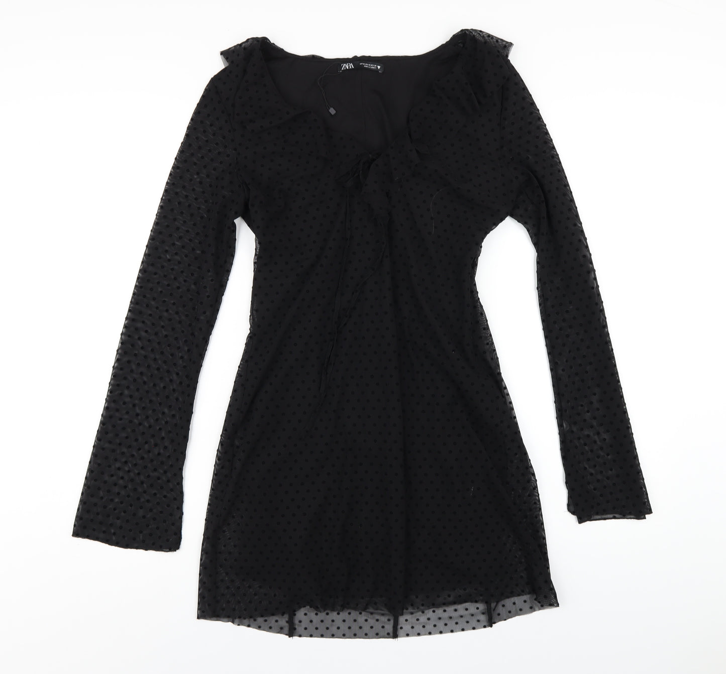 Zara Womens Black Polyester A-Line Size M V-Neck Zip